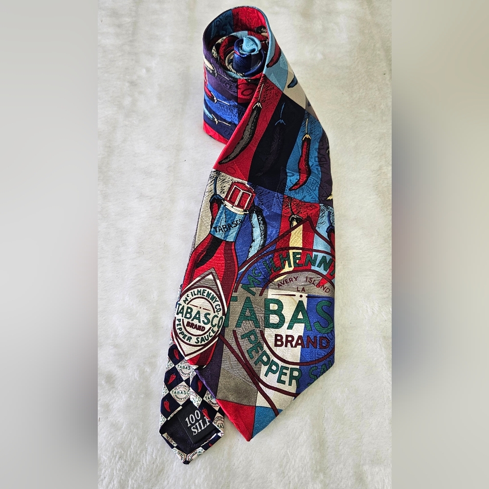 TABASCO Pepper Hot Sauce Men's Tie 100% Silk Color Blue Red Vintage Novelty - Picture 2 of 7